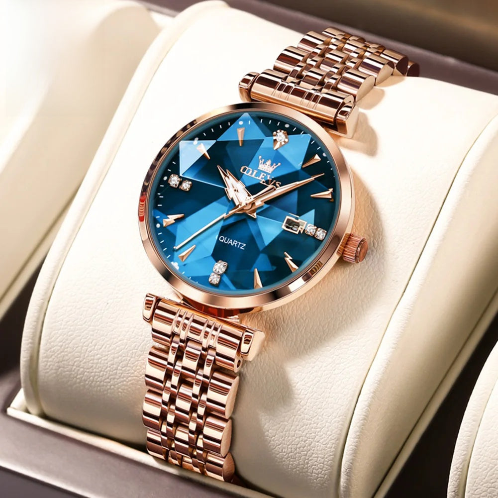 Women's Rose Gold Stainless Steel Watch Blue Dial Zircon BandsCo Straps