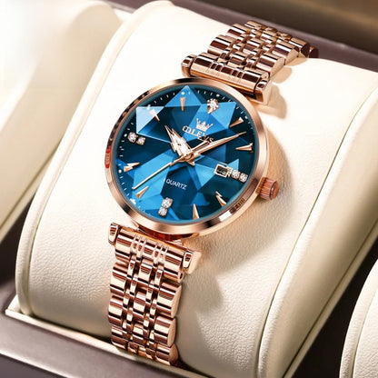 Women's Rose Gold Stainless Steel Watch Blue Dial Zircon BandsCo Straps