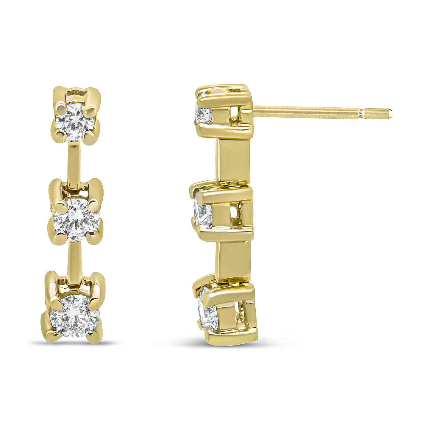 14K Yellow Gold 1/2 Cttw Round Diamond 3 Stone Graduated Linear Drop Past, Present and Future Stud Earrings (H-I Color, SI1-SI2 Clarity) Bids.com