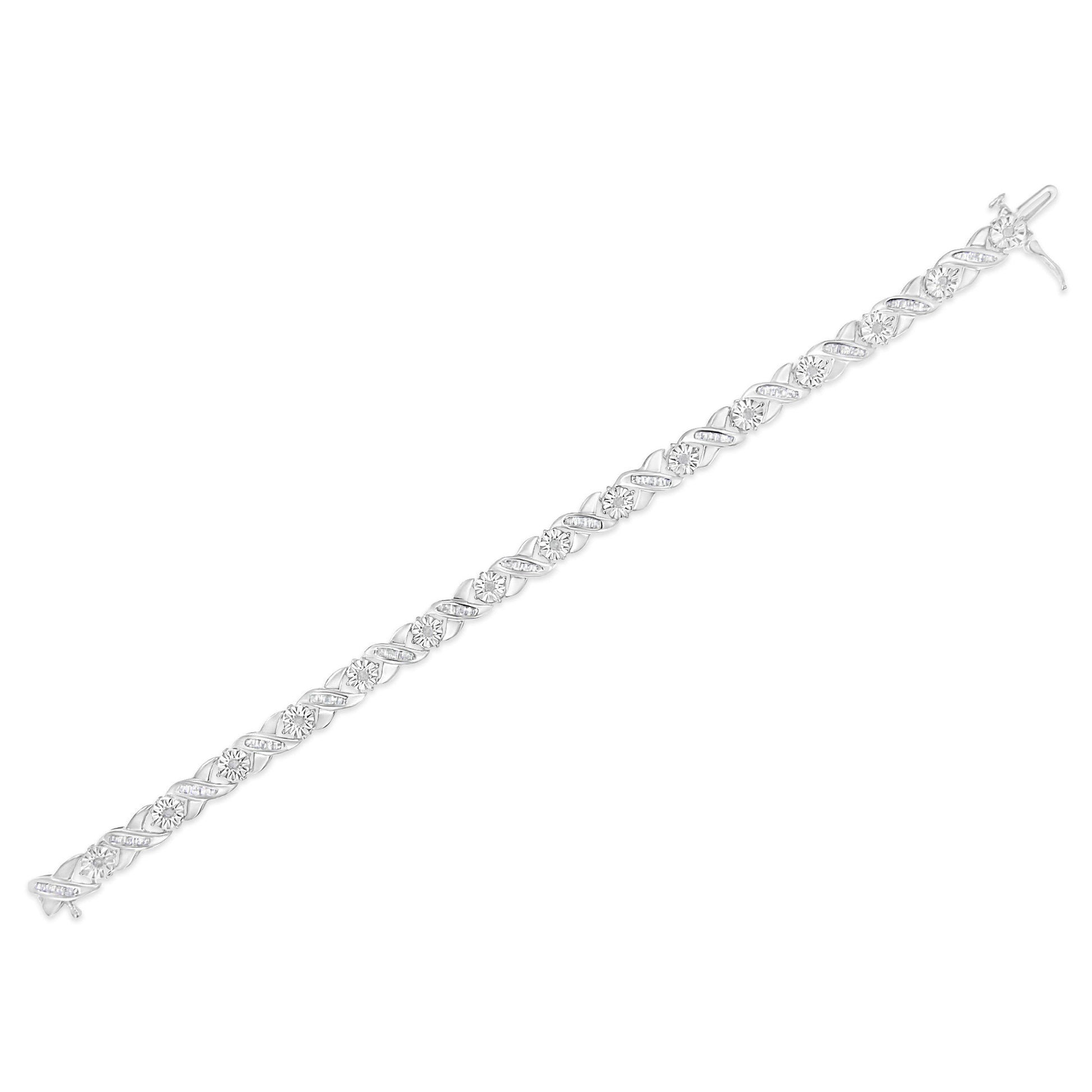 .925 Sterling Silver 1.0 Cttw Round-Brilliant and Baguette Cut Diamond Miracle-Set X-Link 7" Tennis Bracelet (I-J Color, I2-I3 Clarity) Bids.com