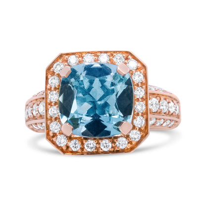 18K Rose Gold 10x10mm Cushion Shaped Aquamarine and 1 1/8 Cttw Round Diamond Halo Ring (F-G Color, VS1-VS2 Clarity) - Ring Size 6.5 Bids.com