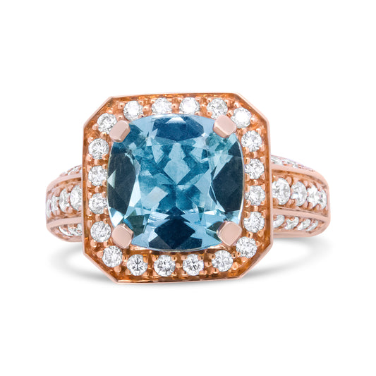 18K Rose Gold 10x10mm Cushion Shaped Aquamarine and 1 1/8 Cttw Round Diamond Halo Ring (F-G Color, VS1-VS2 Clarity) - Ring Size 6.5 Bids.com