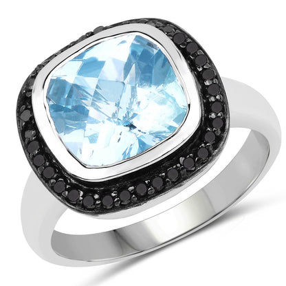 5.23 Carat Genuine Baby Swiss Blue Topaz and Black Diamond .925 Sterling Silver Ring Bids.com