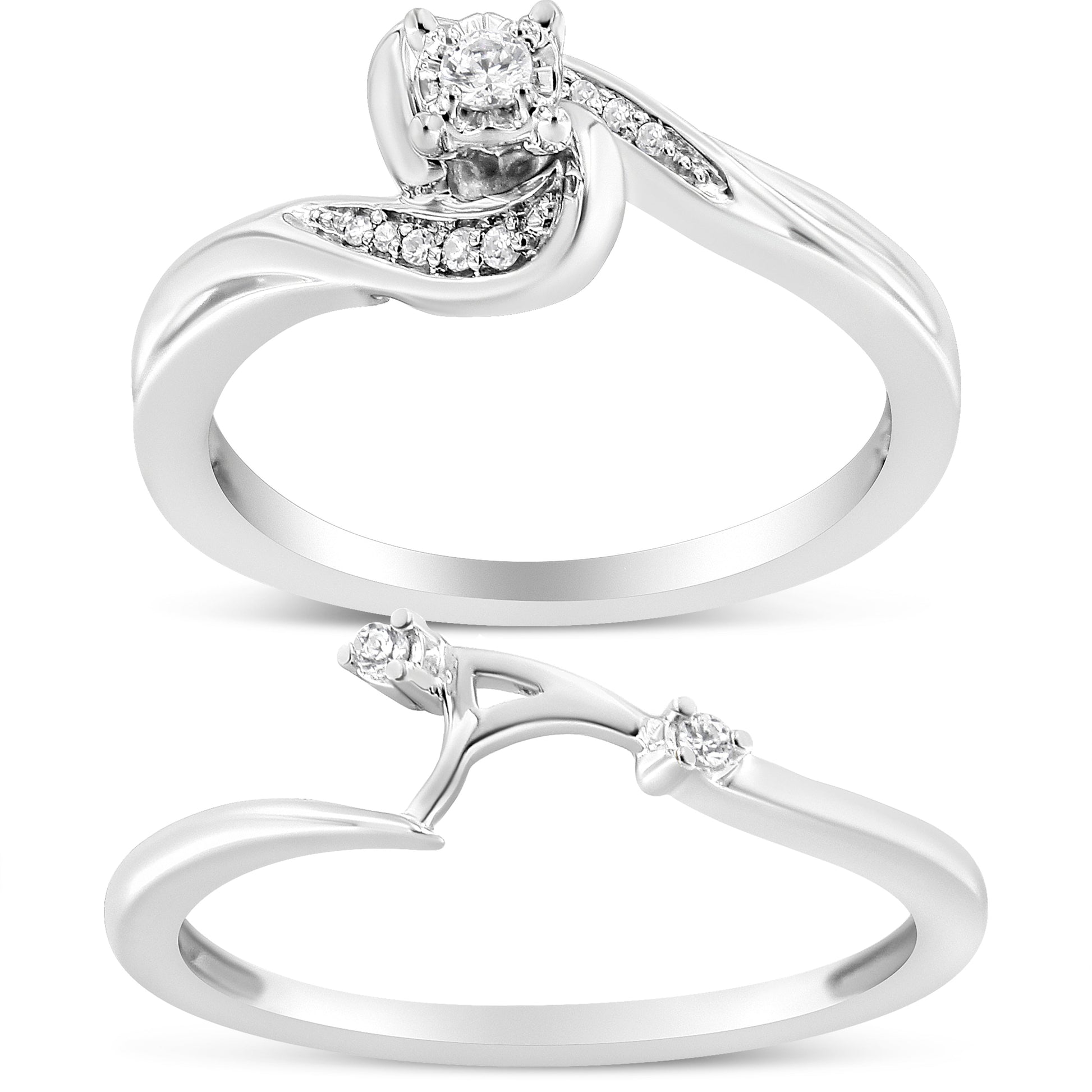 .925 Sterling Silver 1/10 Cttw Diamond Swirl and Bypass Bridal Set Ring and Band (I-J Color, I3 Clarity) - Size 7 Bids.com