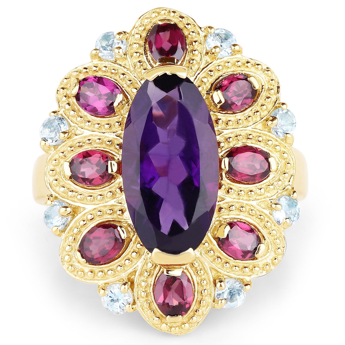 14K Yellow Gold Plated 6.80 Carat Genuine Amethyst, Rhodolite & Blue Topaz .925 Sterling Silver Ring Bids.com