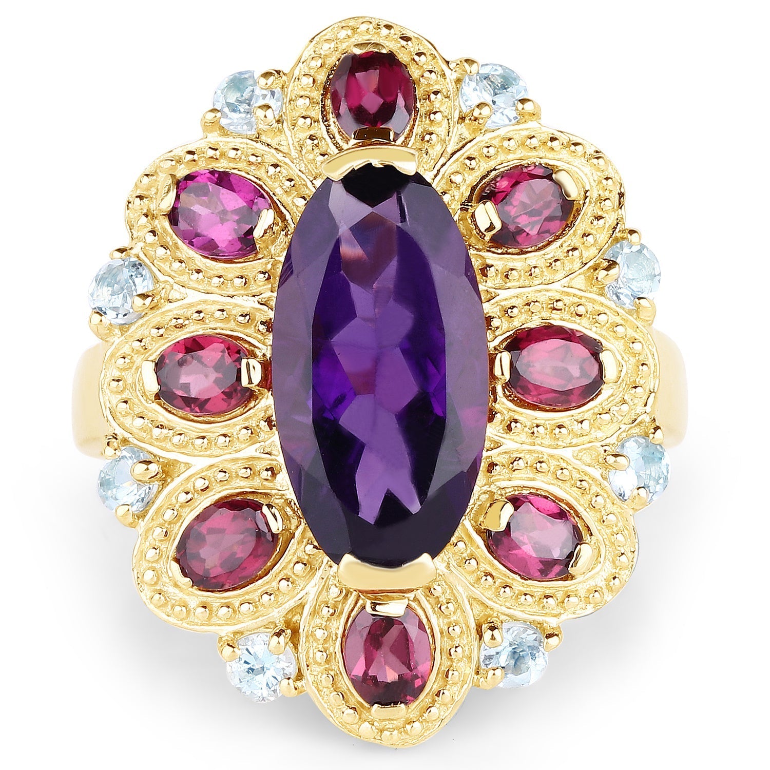 14K Yellow Gold Plated 6.80 Carat Genuine Amethyst, Rhodolite & Blue Topaz .925 Sterling Silver Ring Bids.com