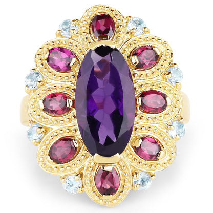 14K Yellow Gold Plated 6.80 Carat Genuine Amethyst, Rhodolite & Blue Topaz .925 Sterling Silver Ring Bids.com