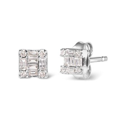 10K White Gold 1/7 Cttw Round and Baguette Diamond Mosaic Square Stud Earrings (H-I Color, I1-I2 Clarity) Bids.com