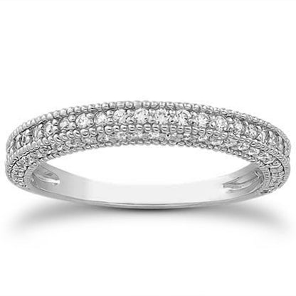 14k White Gold Fancy Pave Diamond Milgrain Textured Wedding Ring Band Bids.com