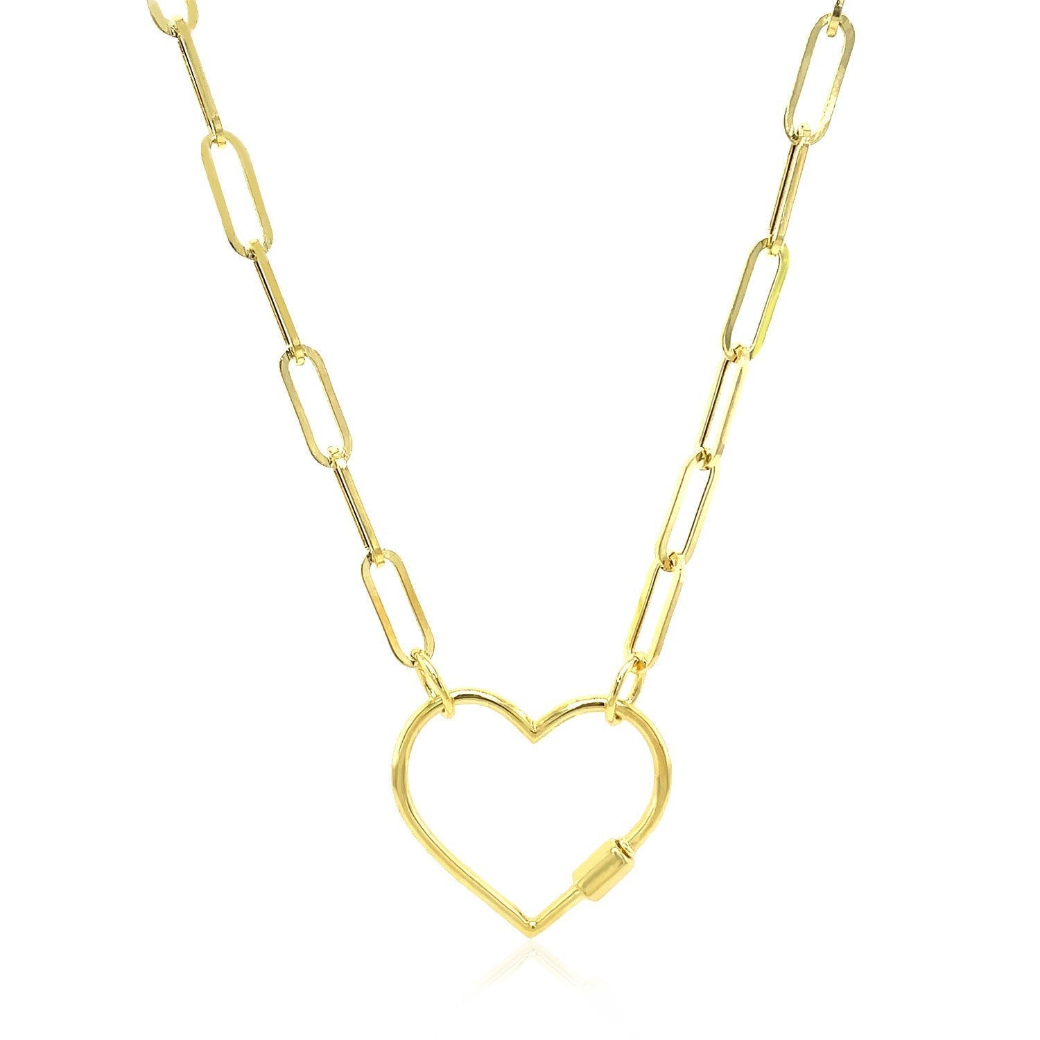 14k Yellow Gold Paperclip Chain Necklace with Heart Carabiner Clasp Bids.com