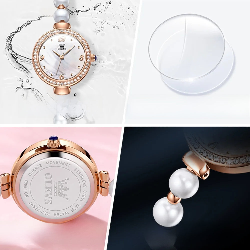 Women's Pearl Bracelet Watch Rose Gold Crystal Bezel BandsCo Straps