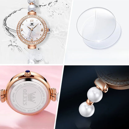 Women's Pearl Bracelet Watch Rose Gold Crystal Bezel BandsCo Straps