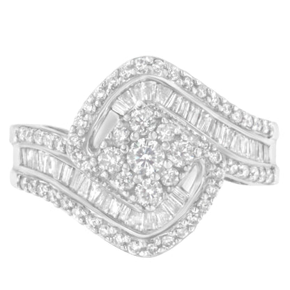 14K White Gold 1 Cttw Baguette and Round Diamond Floral Swirl Cluster Cocktail Ring Bids.com
