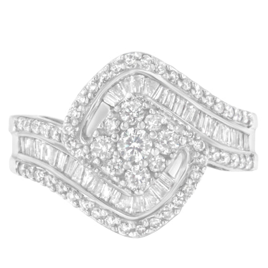 14K White Gold 1 Cttw Baguette and Round Diamond Floral Swirl Cluster Cocktail Ring Bids.com
