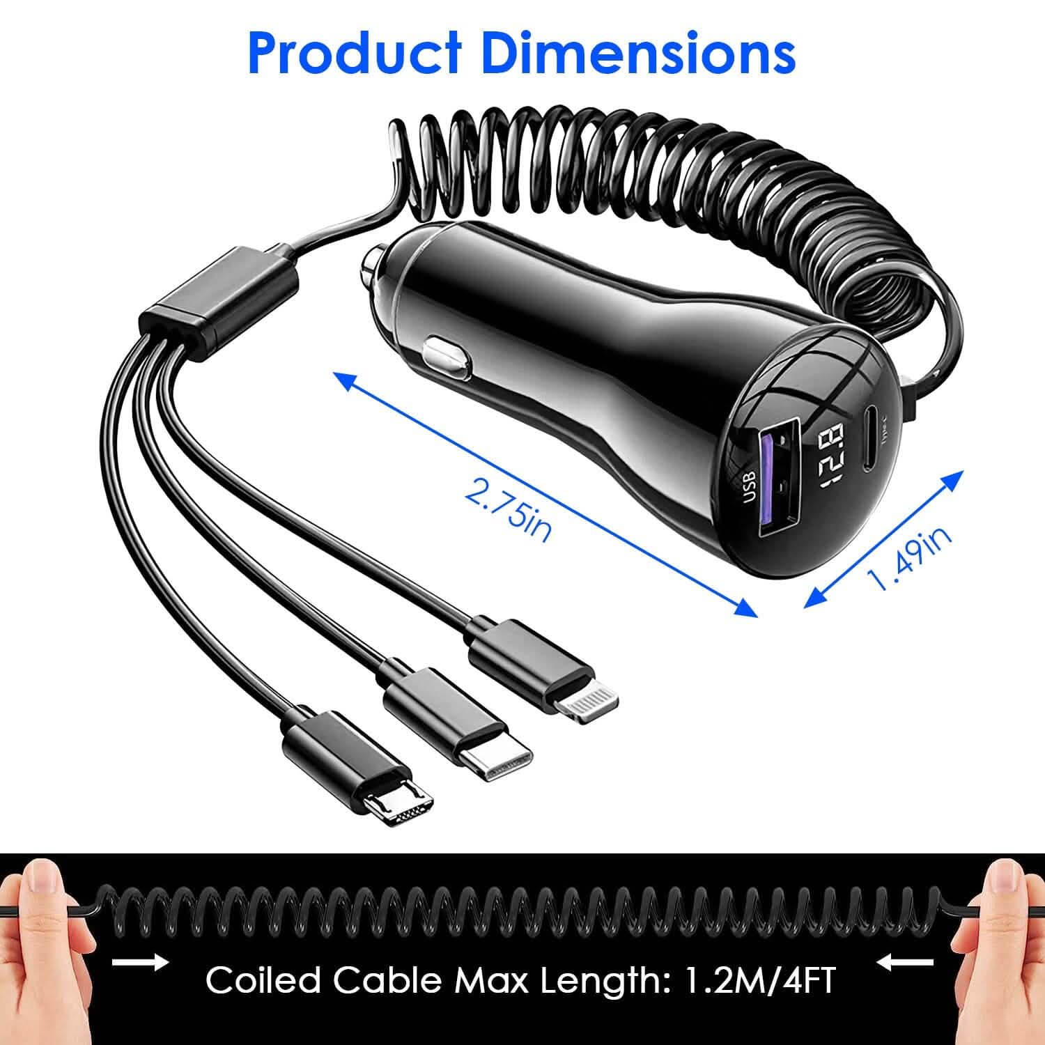 5-in-1 Fast Charge Car Charger QC PD USB Type C LT 5 Port with 4ft Coiled Cable DailySale