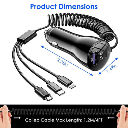 5-in-1 Fast Charge Car Charger QC PD USB Type C LT 5 Port with 4ft Coiled Cable DailySale