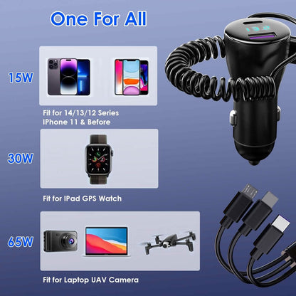 5-in-1 Fast Charge Car Charger QC PD USB Type C LT 5 Port with 4ft Coiled Cable DailySale