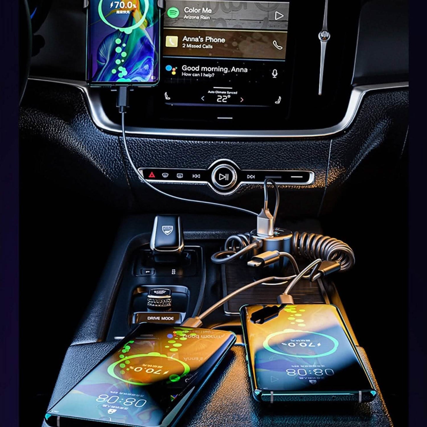 5-in-1 Fast Charge Car Charger QC PD USB Type C LT 5 Port with 4ft Coiled Cable DailySale