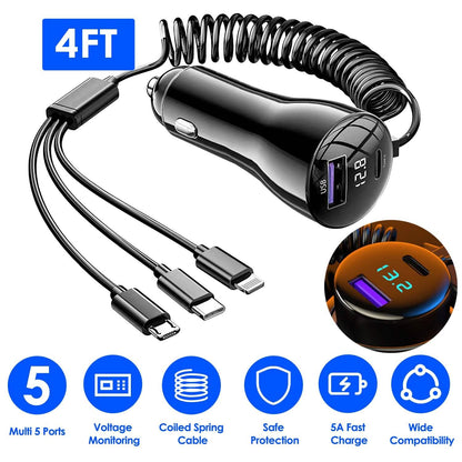 5-in-1 Fast Charge Car Charger QC PD USB Type C LT 5 Port with 4ft Coiled Cable DailySale