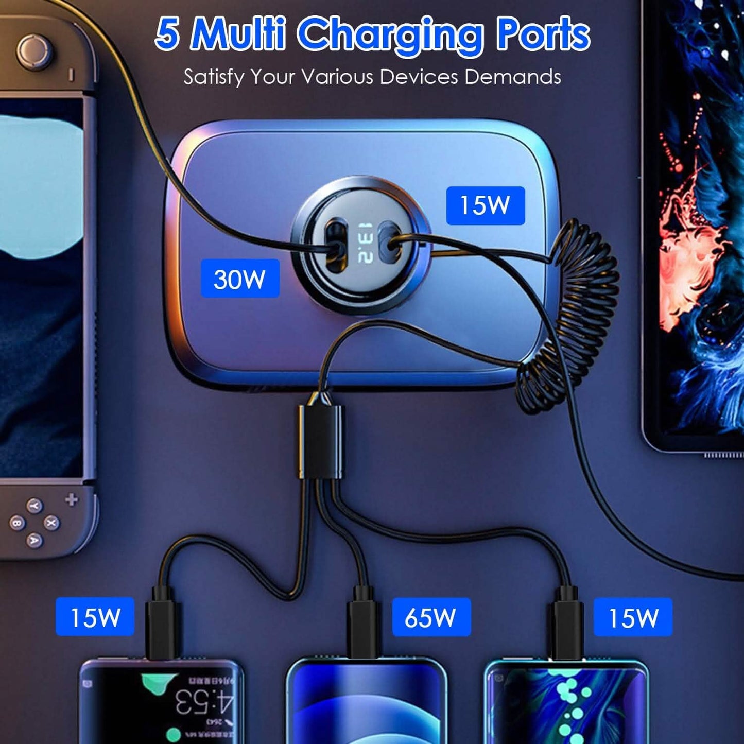 5-in-1 Fast Charge Car Charger QC PD USB Type C LT 5 Port with 4ft Coiled Cable DailySale