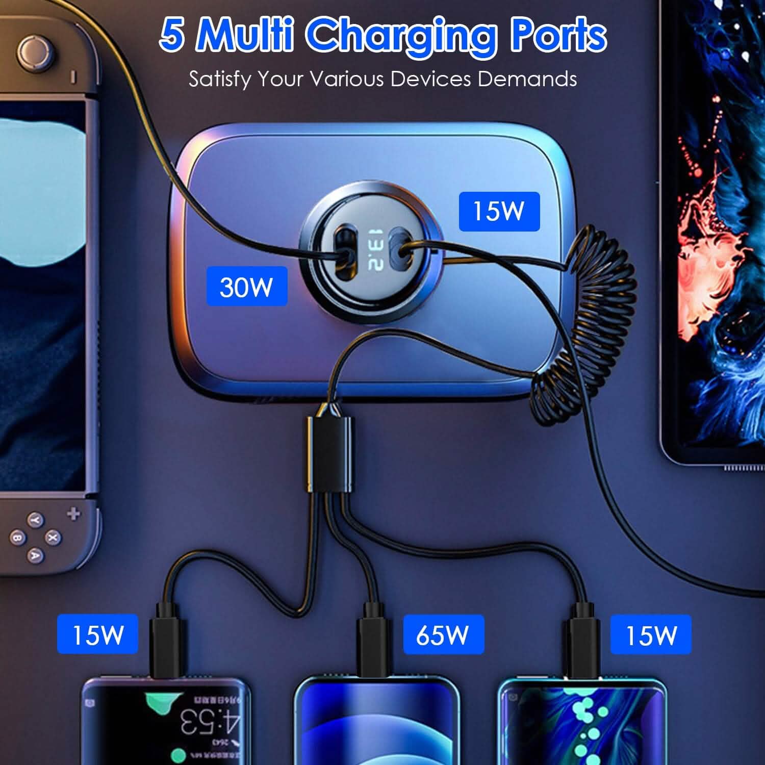 5-in-1 Fast Charge Car Charger QC PD USB Type C LT 5 Port with 4ft Coiled Cable DailySale