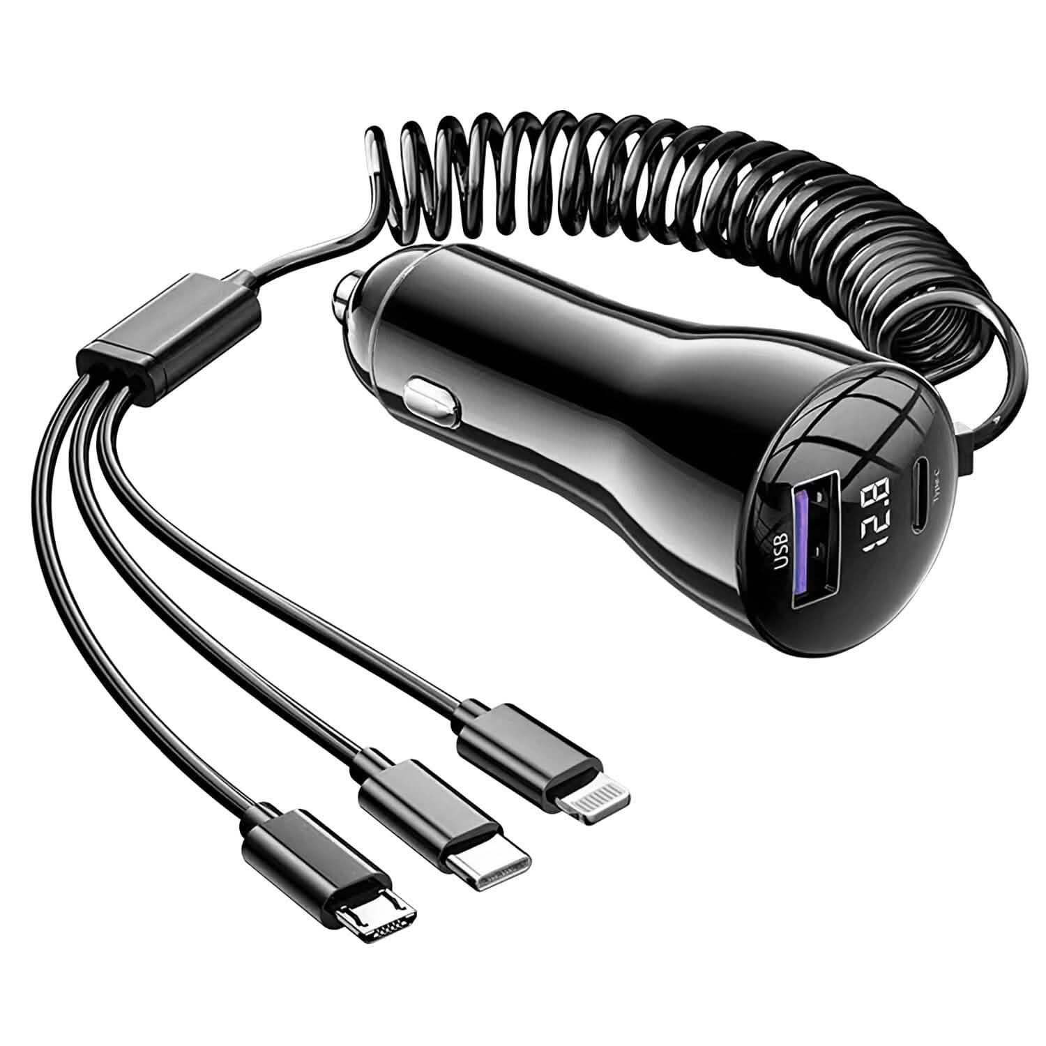 5-in-1 Fast Charge Car Charger QC PD USB Type C LT 5 Port with 4ft Coiled Cable DailySale