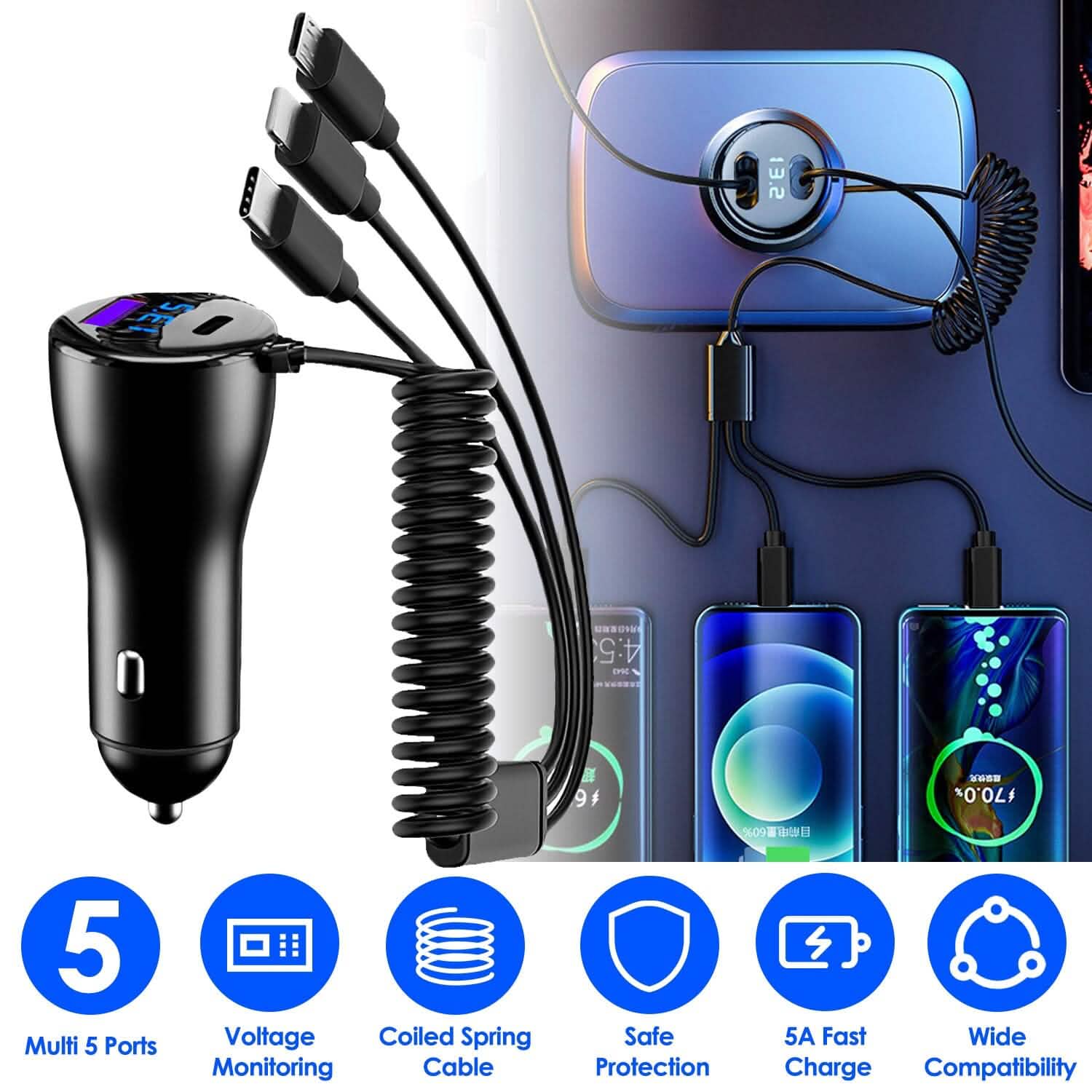 5-in-1 Fast Charge Car Charger QC PD USB Type C LT 5 Port with 4ft Coiled Cable DailySale