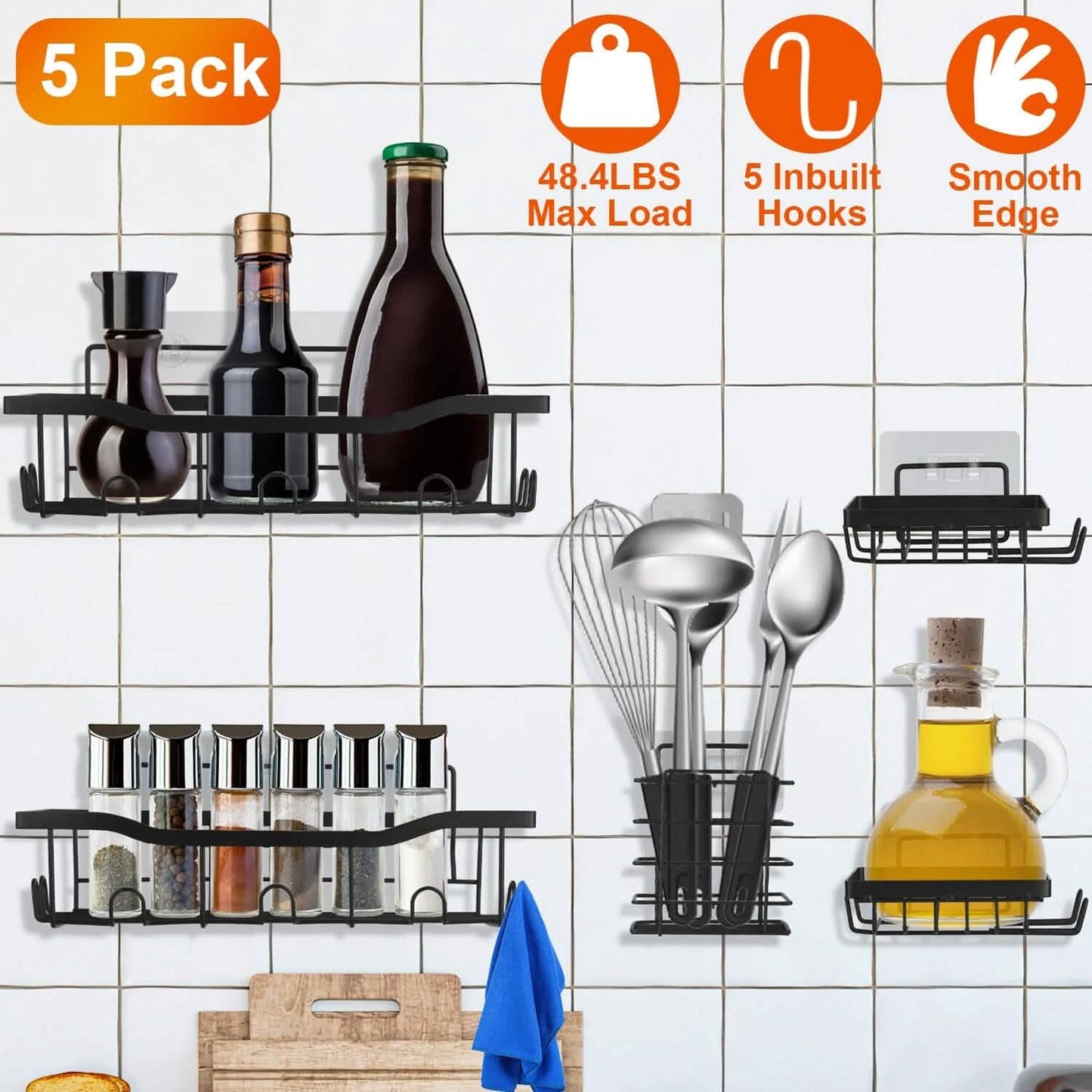 5-Pack: Shower Caddy Shelves with 18 Inbuilt Hooks DailySale
