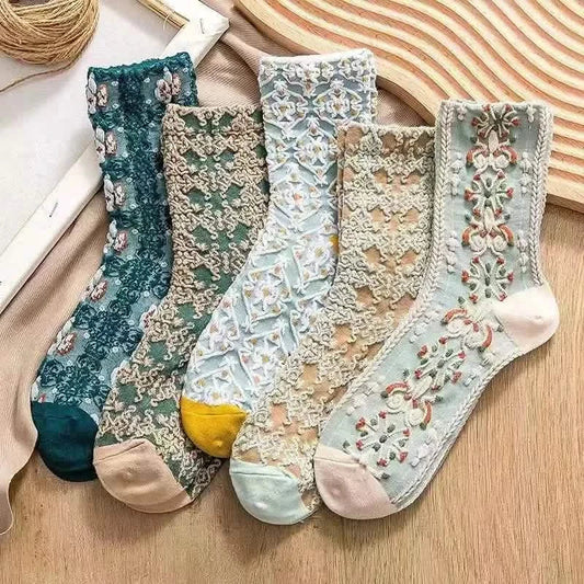 5-Pairs: Flower Geometric 3D Textured Ankle Cotton Blend Cottage Core Lucky Socks DailySale