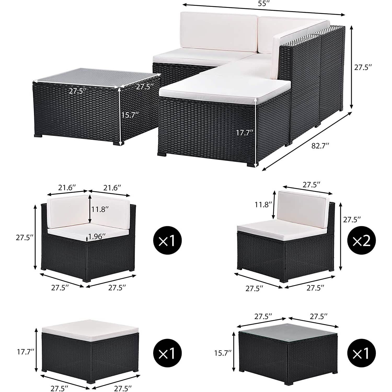 5-Piece: Patio Rattan PE Wicker Furniture Corner Sofa Set DailySale