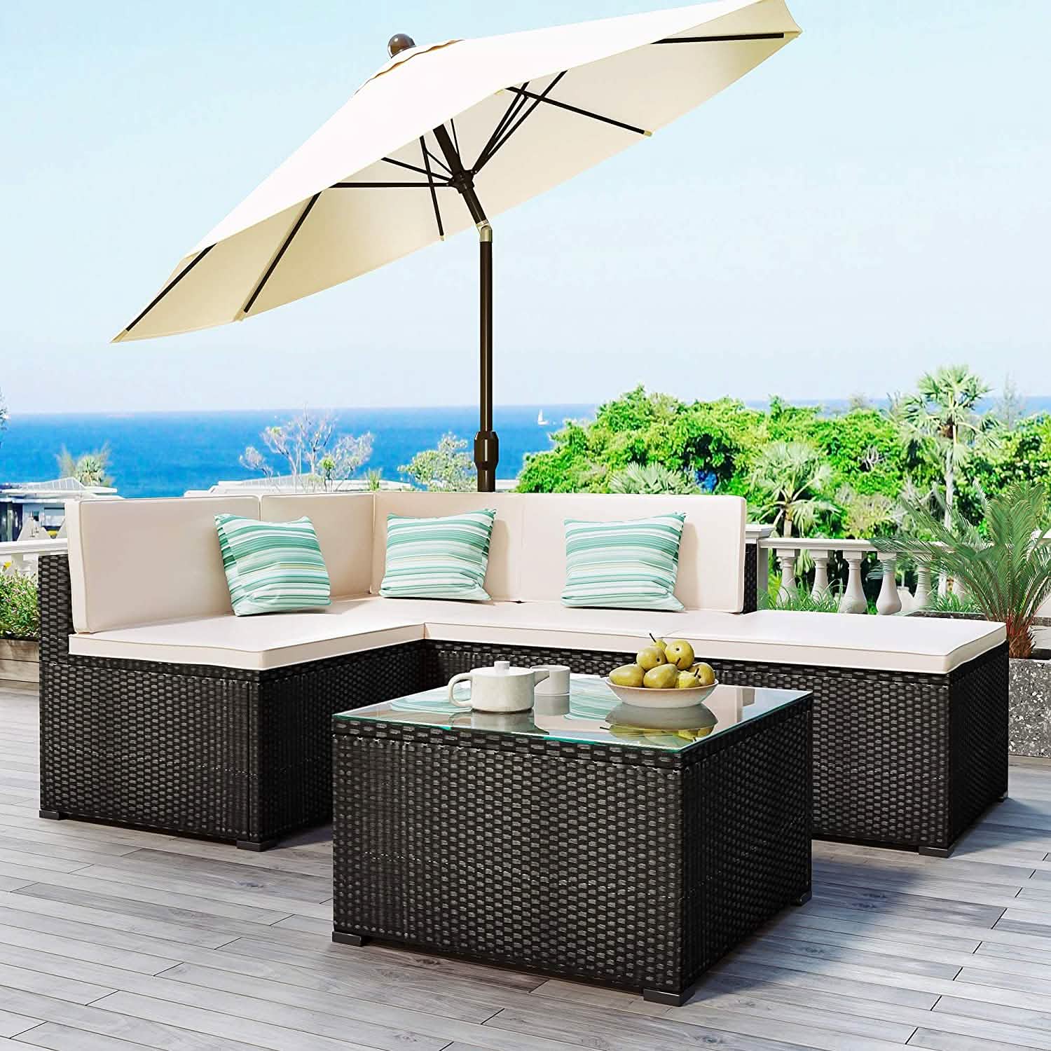 5-Piece: Patio Rattan PE Wicker Furniture Corner Sofa Set DailySale