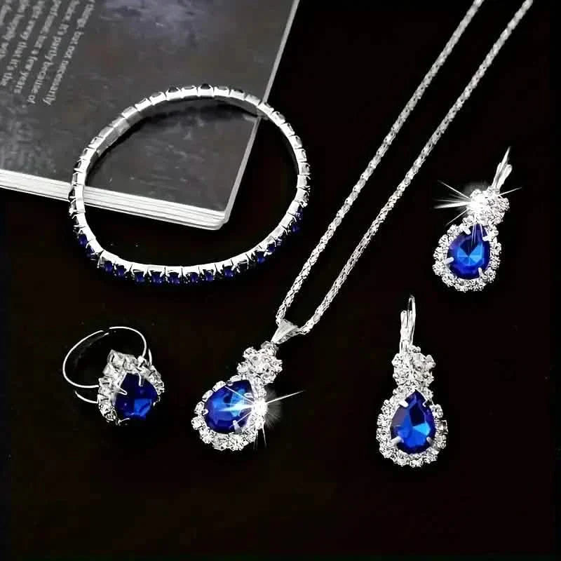 5-Piece Set: Stylish Jewelry Set for Women, Pair of Earrings, Necklace, Ring and Bracelet Adorned with Glass Accents DailySale