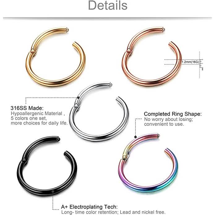 5-Piece: Stainless Steel Septum Piercing Nose Hoop Ring DailySale