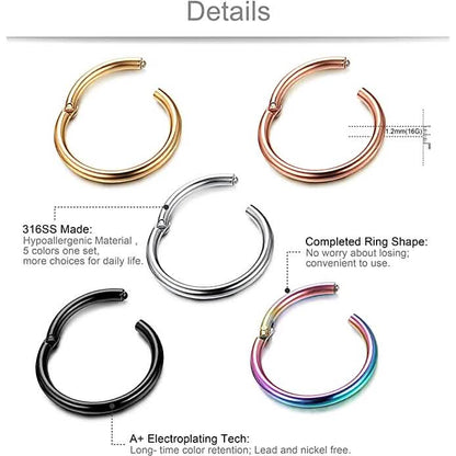 5-Piece: Stainless Steel Septum Piercing Nose Hoop Ring DailySale