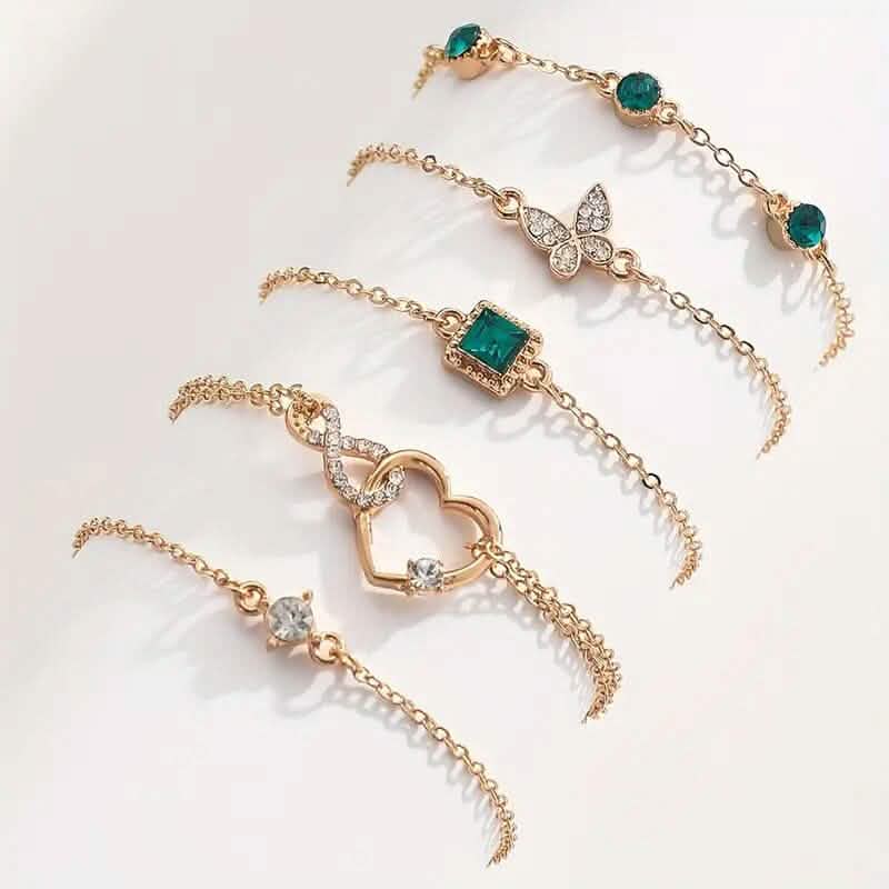 5-Pieces: Love Full Throw Diamond Shining Infinite Symbol Geometry Green Rhinestone Bracelet Set DailySale