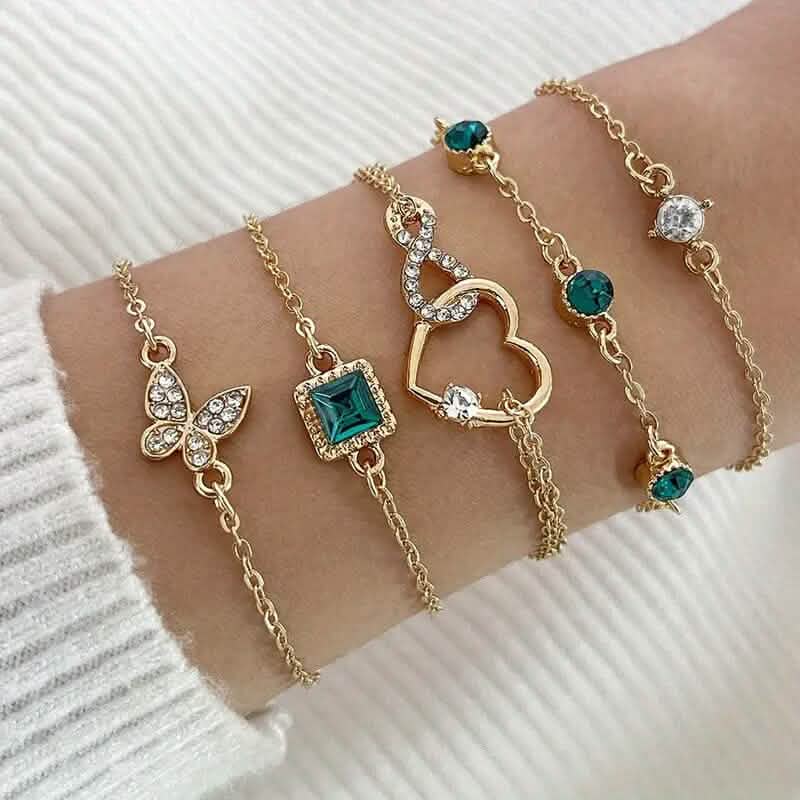 5-Pieces: Love Full Throw Diamond Shining Infinite Symbol Geometry Green Rhinestone Bracelet Set DailySale