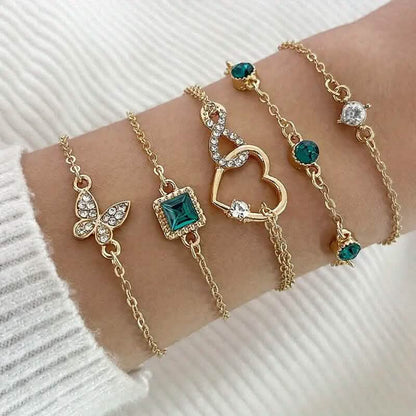5-Pieces: Love Full Throw Diamond Shining Infinite Symbol Geometry Green Rhinestone Bracelet Set DailySale
