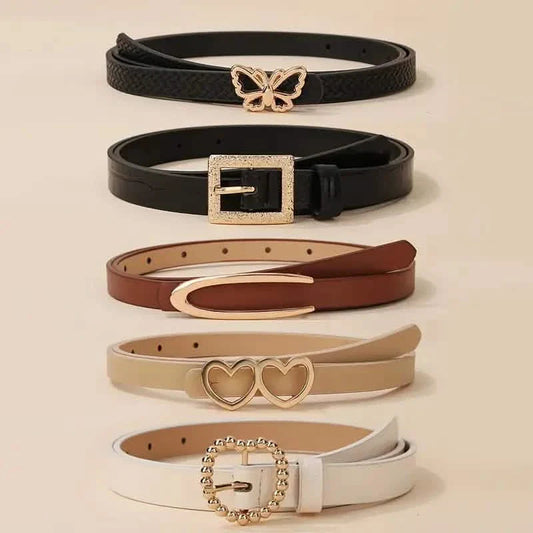 5-Pieces: Vintage PU Leather Solid Color Casual Jeans Pants Belt For Women DailySale