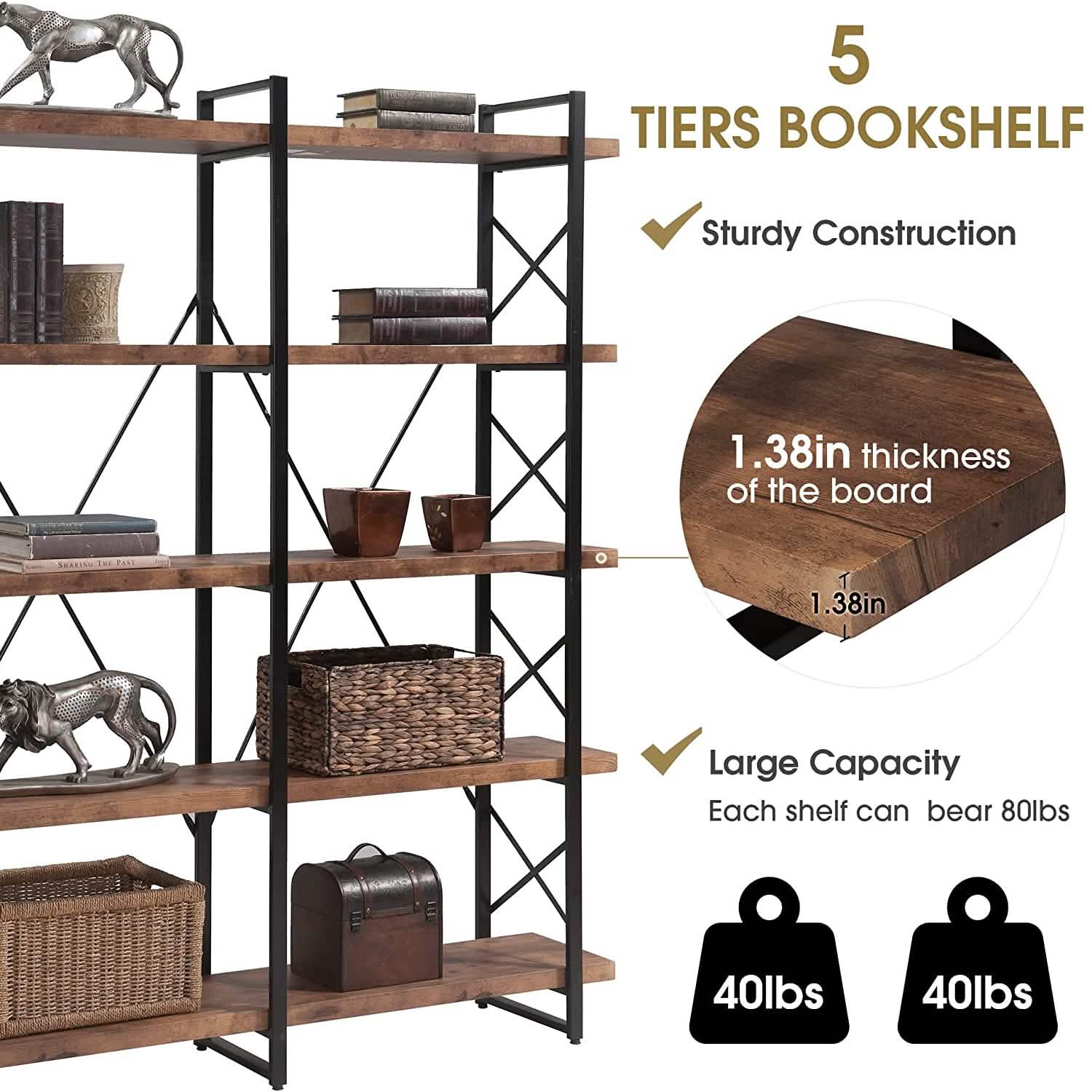 5-Tier Bookcase Industrial Bookshelf DailySale