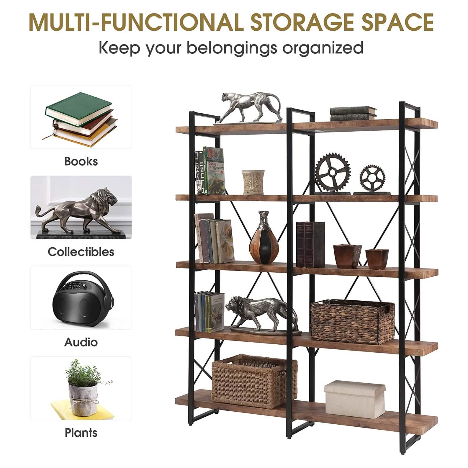 5-Tier Bookcase Industrial Bookshelf DailySale