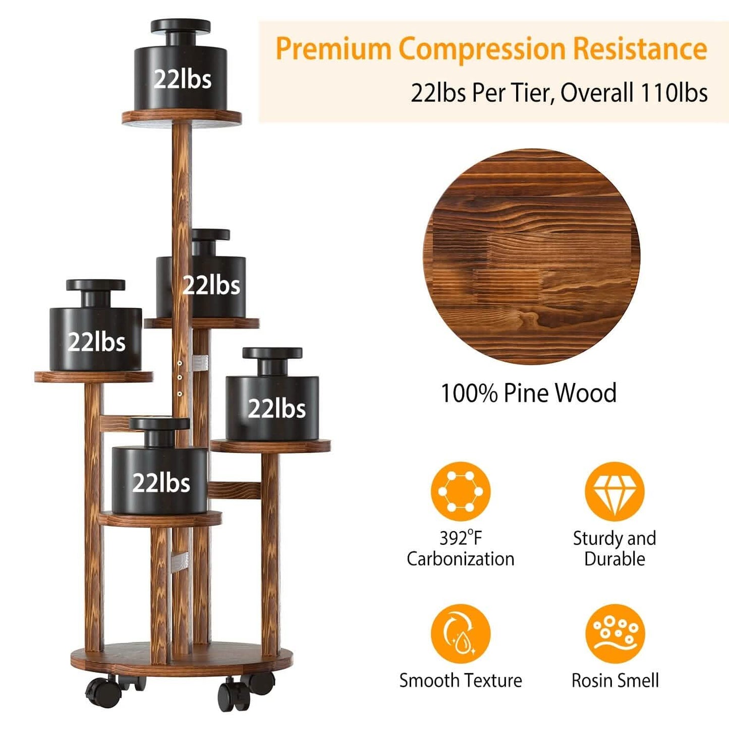 5-Tier Plant Stand with 4 Detachable Wheels Wooden Plant Pot Rolling Shelf DailySale