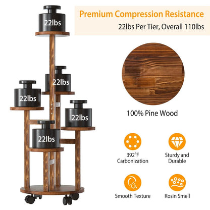 5-Tier Plant Stand with 4 Detachable Wheels Wooden Plant Pot Rolling Shelf DailySale