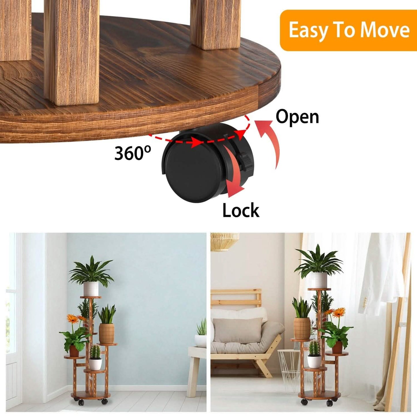 5-Tier Plant Stand with 4 Detachable Wheels Wooden Plant Pot Rolling Shelf DailySale