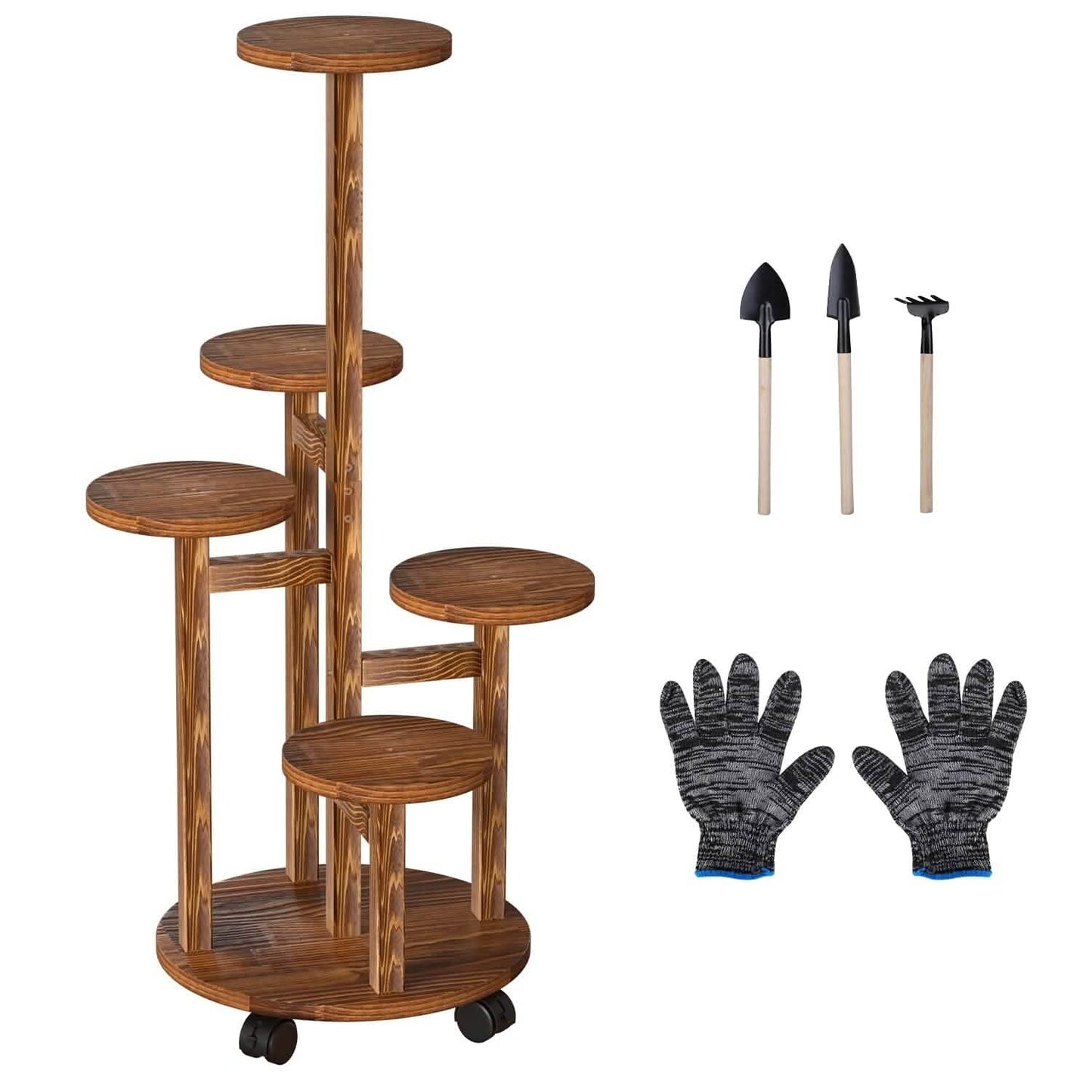 5-Tier Plant Stand with 4 Detachable Wheels Wooden Plant Pot Rolling Shelf DailySale