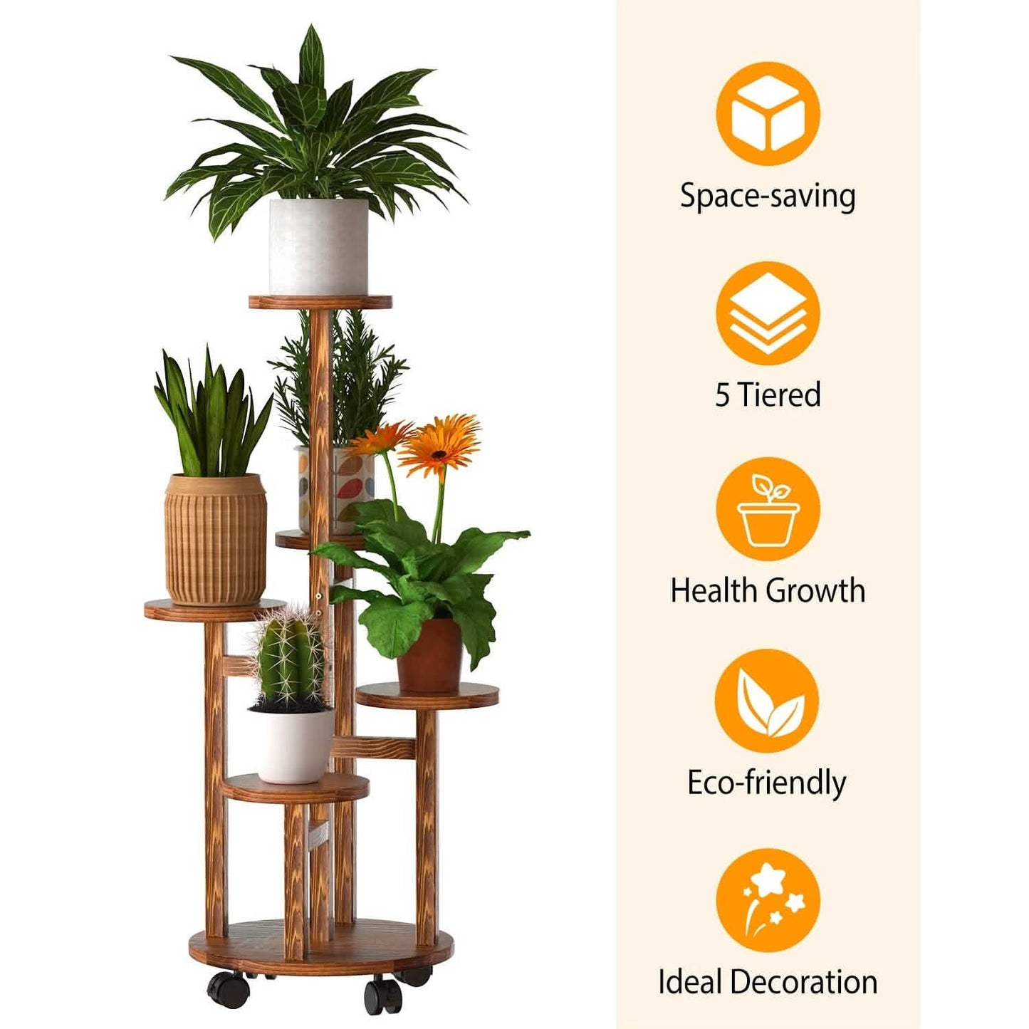 5-Tier Plant Stand with 4 Detachable Wheels Wooden Plant Pot Rolling Shelf DailySale