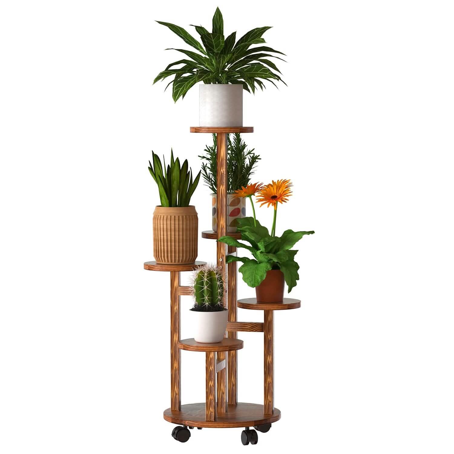5-Tier Plant Stand with 4 Detachable Wheels Wooden Plant Pot Rolling Shelf DailySale