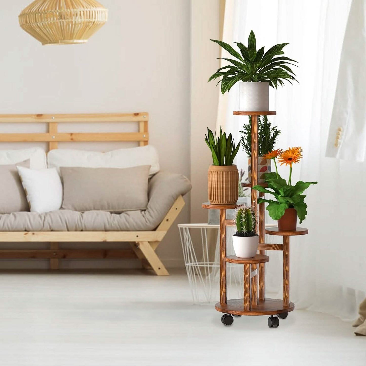 5-Tier Plant Stand with 4 Detachable Wheels Wooden Plant Pot Rolling Shelf DailySale