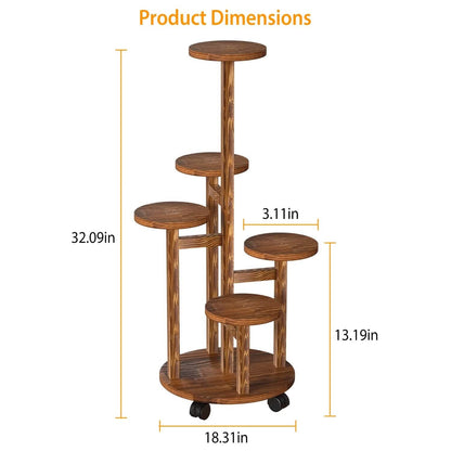 5-Tier Plant Stand with 4 Detachable Wheels Wooden Plant Pot Rolling Shelf DailySale