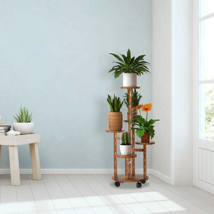5-Tier Plant Stand with 4 Detachable Wheels Wooden Plant Pot Rolling Shelf DailySale