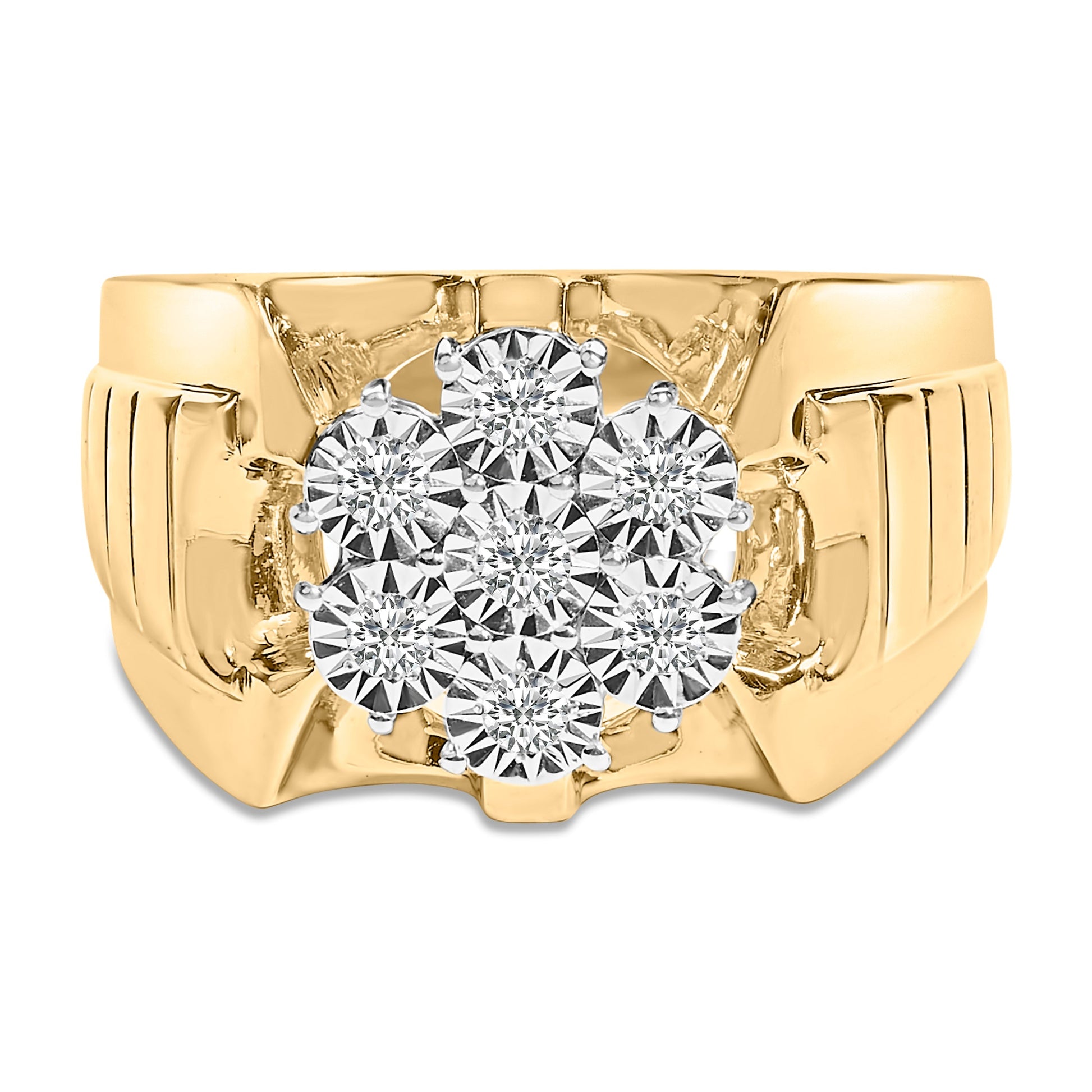 Men's 14K Yellow Gold Plated .925 Sterling Silver 1/3 Cttw Miracle-Set Floral Diamond Cluster Ring (I-J Color, I1-I2 Clarity) - Size 10 Bids.com